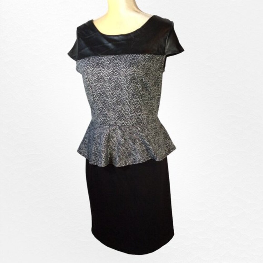 AA Studio Black & White Dress Peplum Bodice with Pencil Skirt Size L NWOT